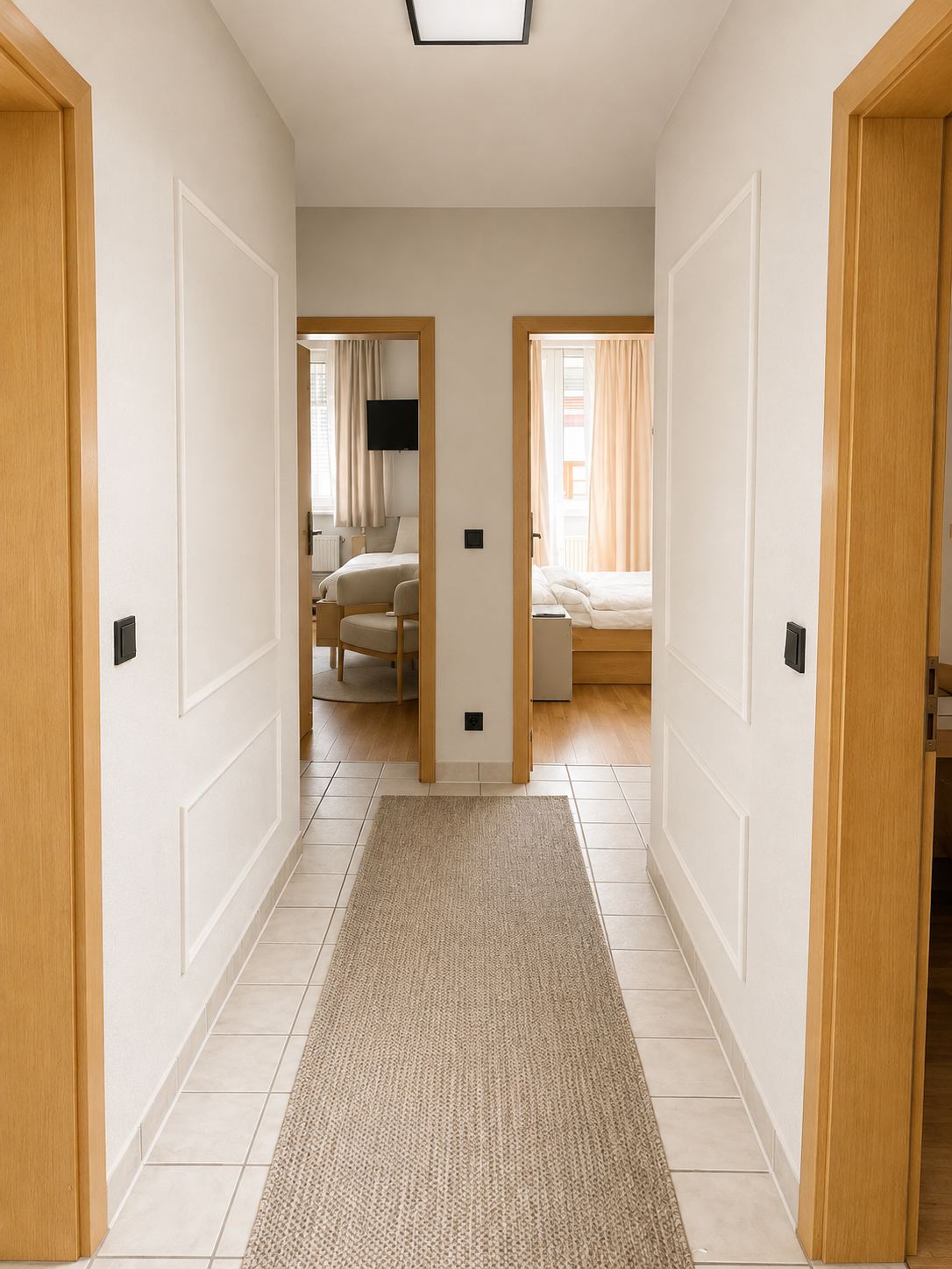 Flur mit Blick in zwei frisch renovierte Zimmer